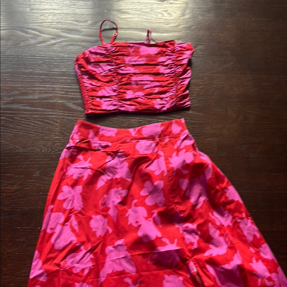 Red and Pink Floral Two-Piece Set